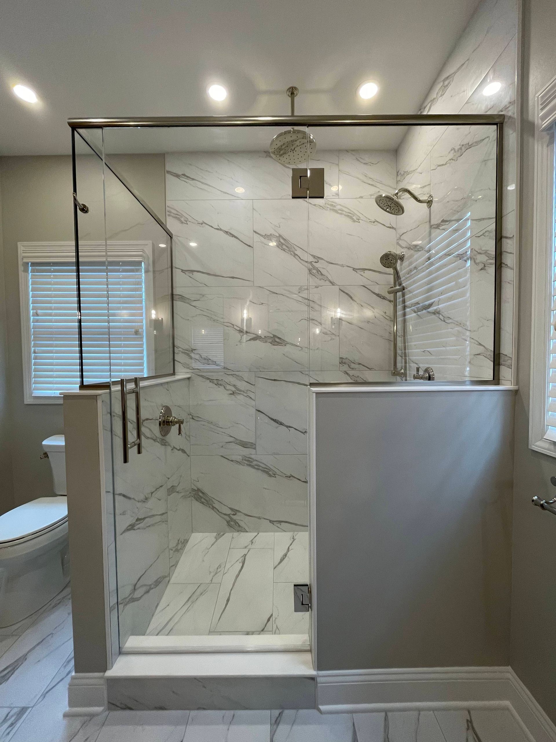 a bathroom with a walk-in shower and a toilet