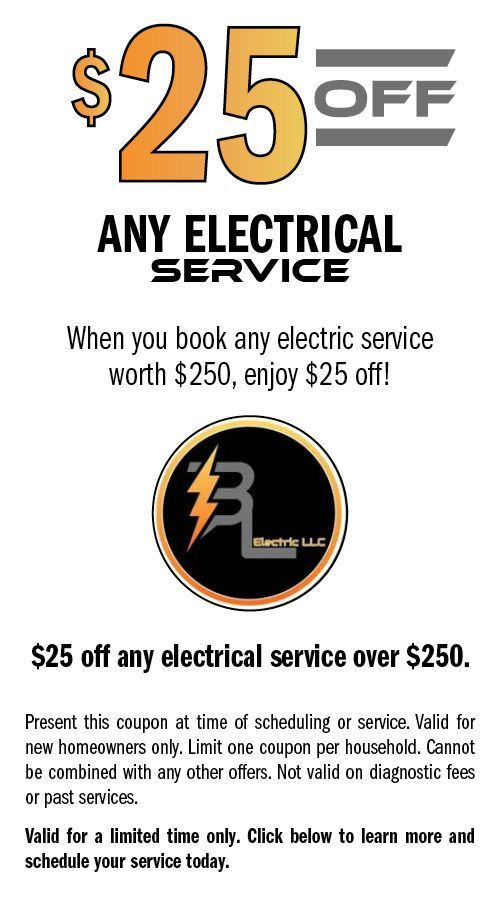 Coupon for $25 off any electrical service worth $250+. Black and yellow design, with logo.