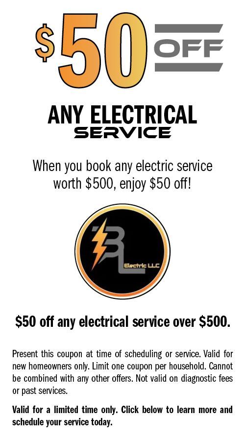Coupon: $50 off any electrical service over $500. Includes company logo.