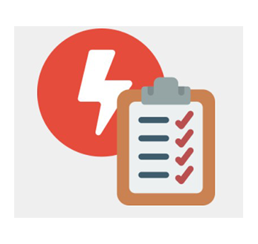 Red circle with white lightning bolt next to a clipboard with checkmarks.