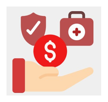 Hand holding a coin with dollar sign, with a shield and medical kit in the background.