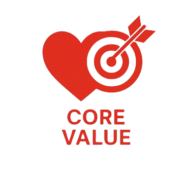 Red heart with a bullseye, arrow, and CORE VALUE text.