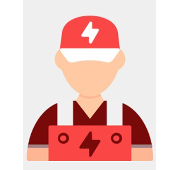 Electrician with a red hat and overalls, holding a red toolbox, with a lightning bolt symbol.
