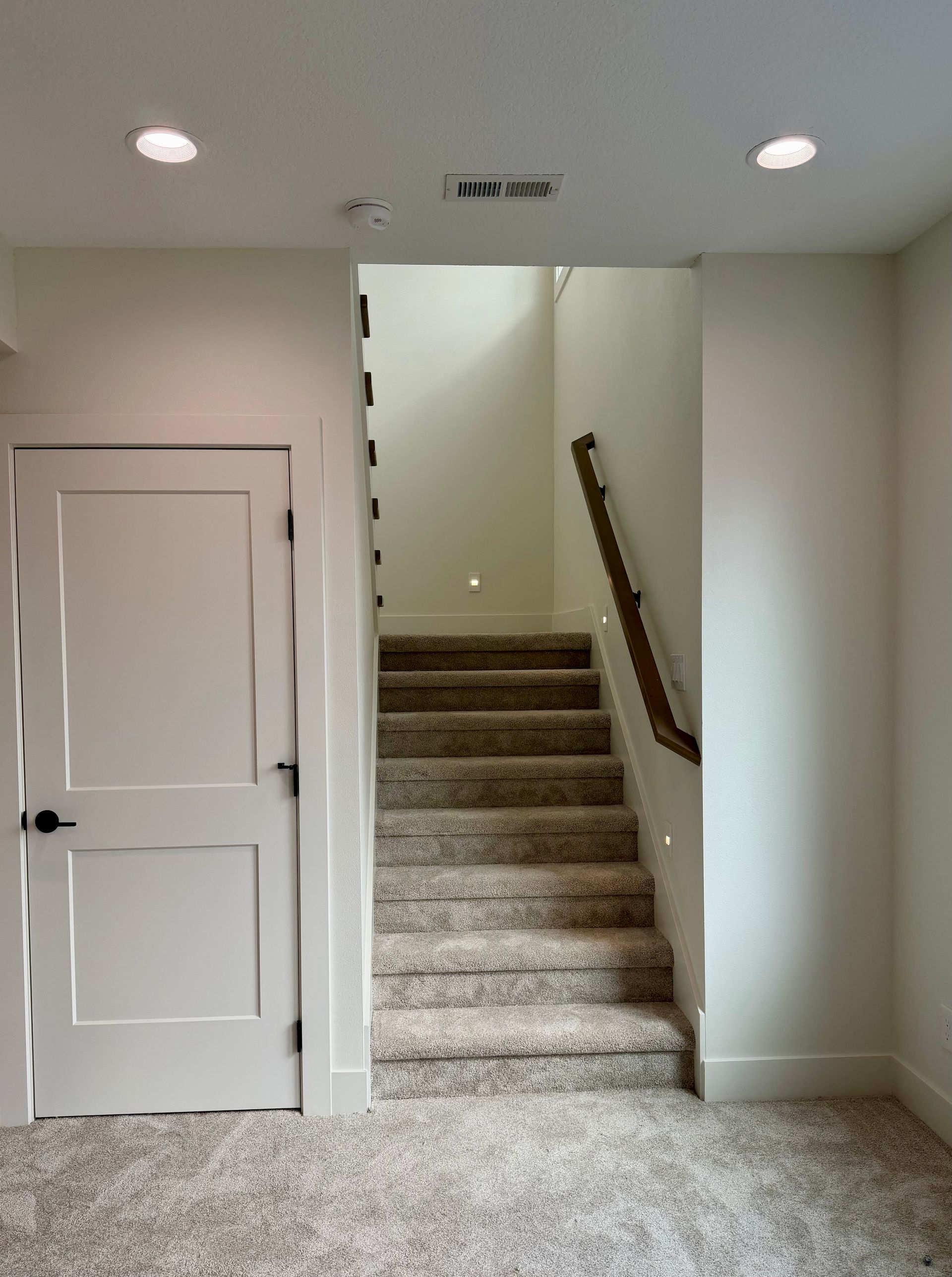 Door and carpeted staircase in a neutral-toned interior. Wooden handrail along stairs.