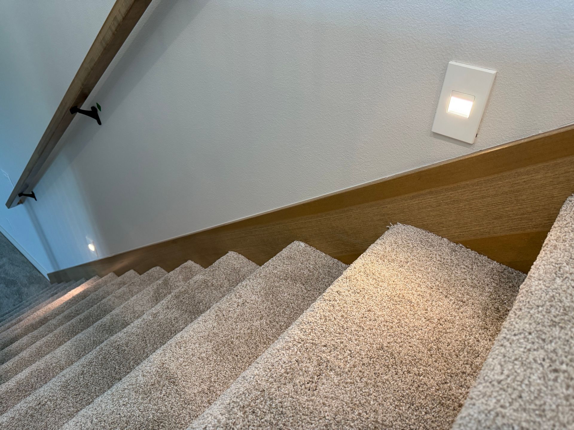 Carpeted stairway ascending beside a white wall with a wooden handrail and small wall light.