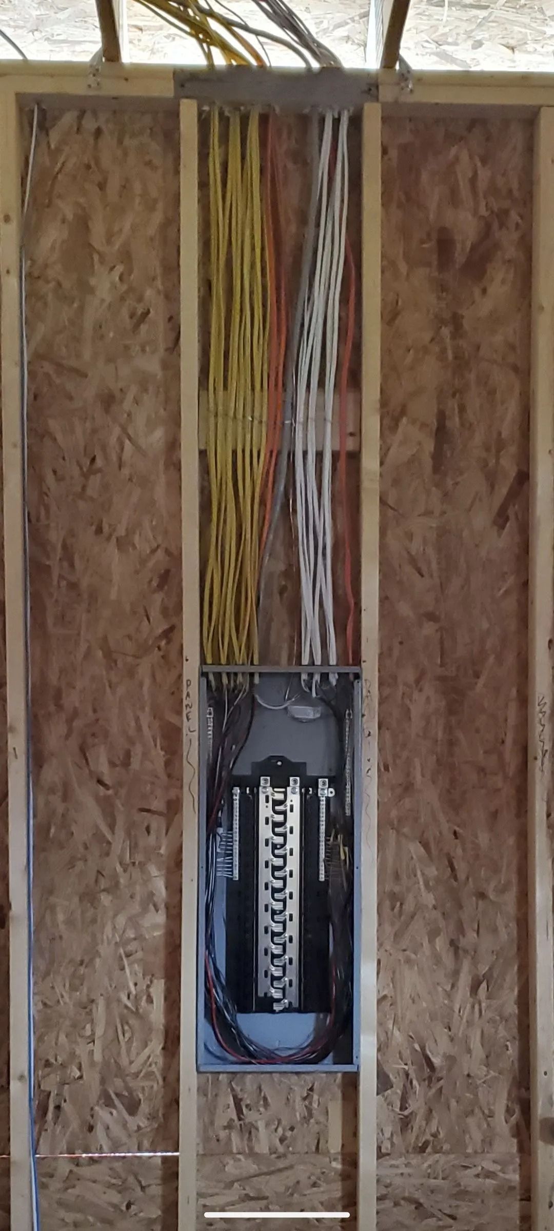 Electrical panel installation in a wooden frame; wiring bundles are visible.