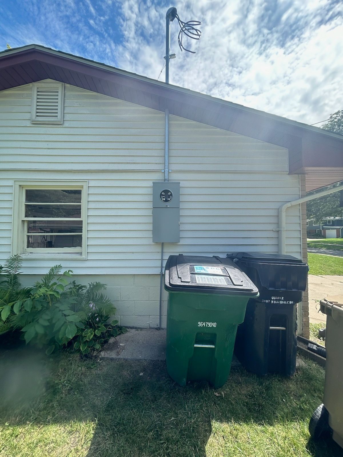 Exterior of a house with an electrical meter, conduit, and trash bins.