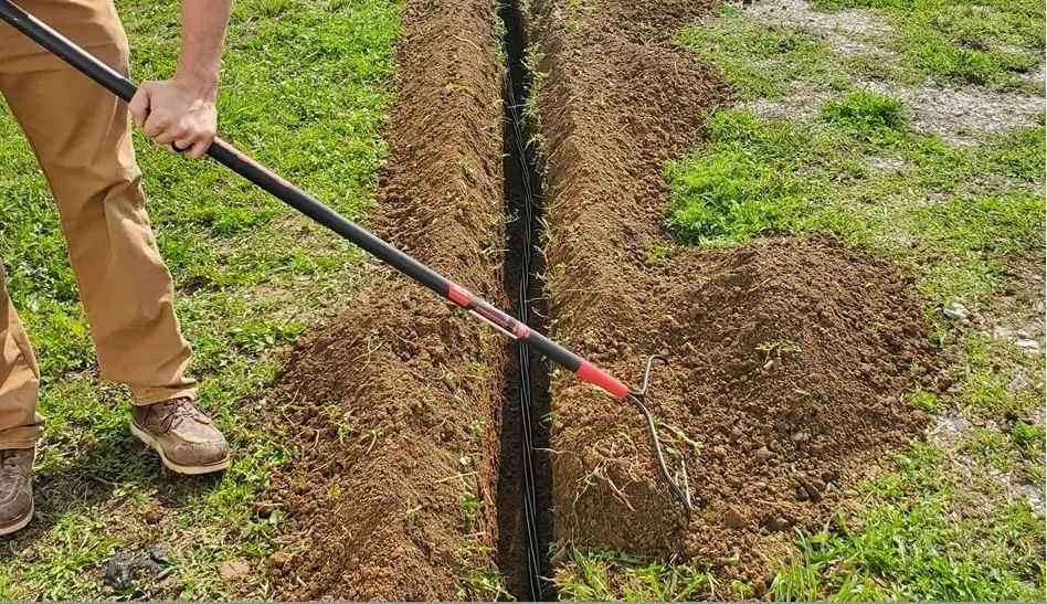 Person using a rake to shape the soil in a long, narrow trench in a grassy area.