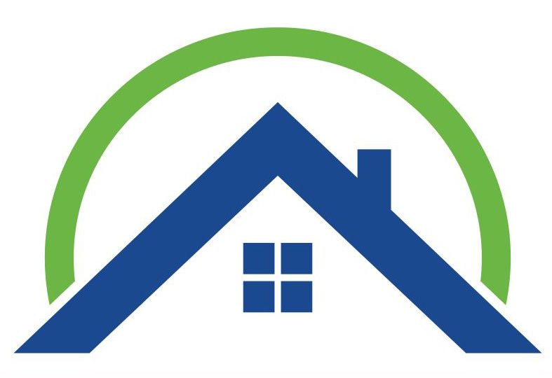 A blue house icon with a window and chimney, framed by a lime green semi-circle arch.
