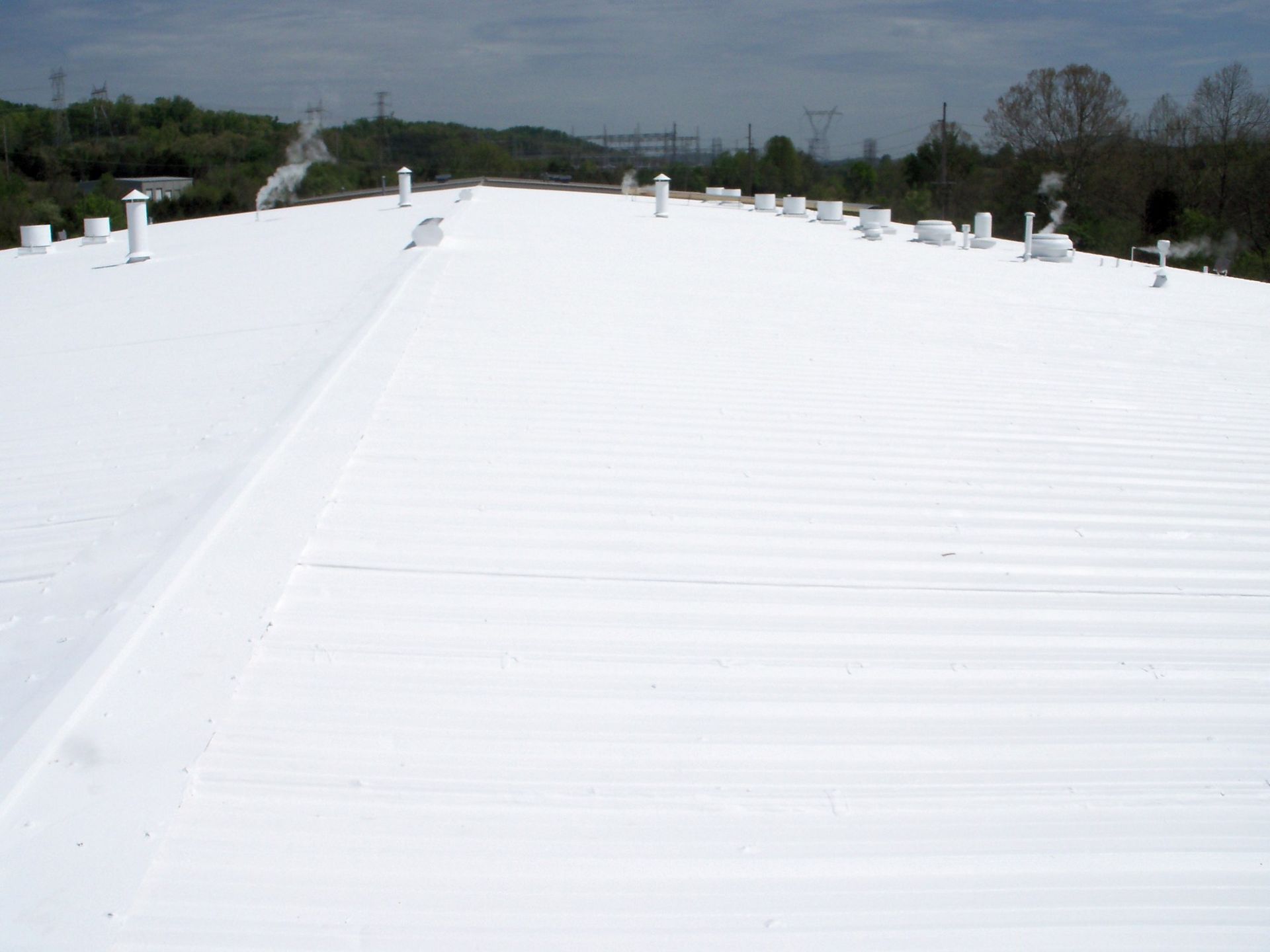 A long, white, corrugated metal roof featuring several vents, pipes, and stacks, set against a background of trees.