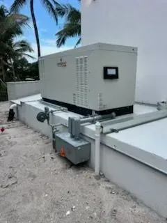 Outdoor rooftop HVAC unit beside white walls and palm trees, with electrical boxes and conduit.