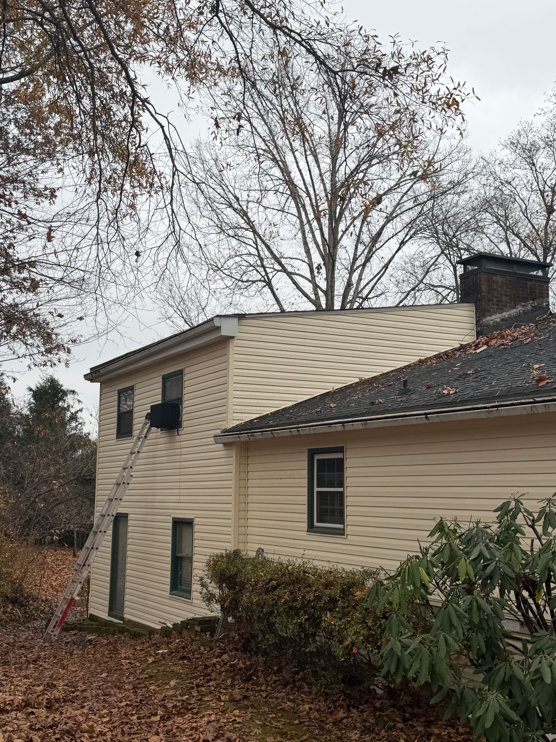 A two-story beige house with a ladder leaning against an upper-story window, set outdoors with trees and fallen leaves.