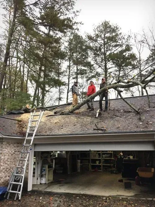 Two workers on a roof clearing a fallen tree branch above an open garage.
