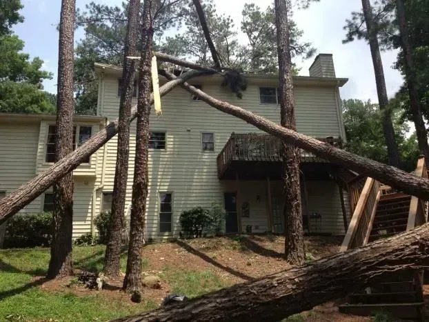 House with large fallen trees and broken branches leaning against it after storm damage
