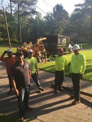 Crew in neon safety shirts and hard hats stand by a roadside work truck on a tree-lined street.