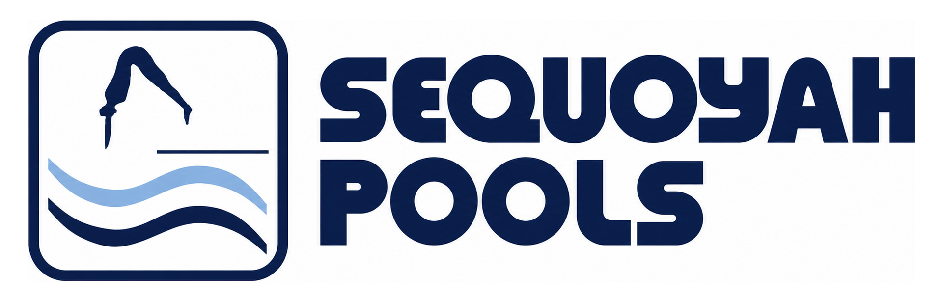 Sequoyah Pools logo with blue wave and mountain icon and navy text on white background