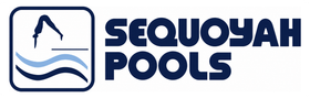 Sequoyah Pools logo with blue wave and mountain icon and navy text on white background