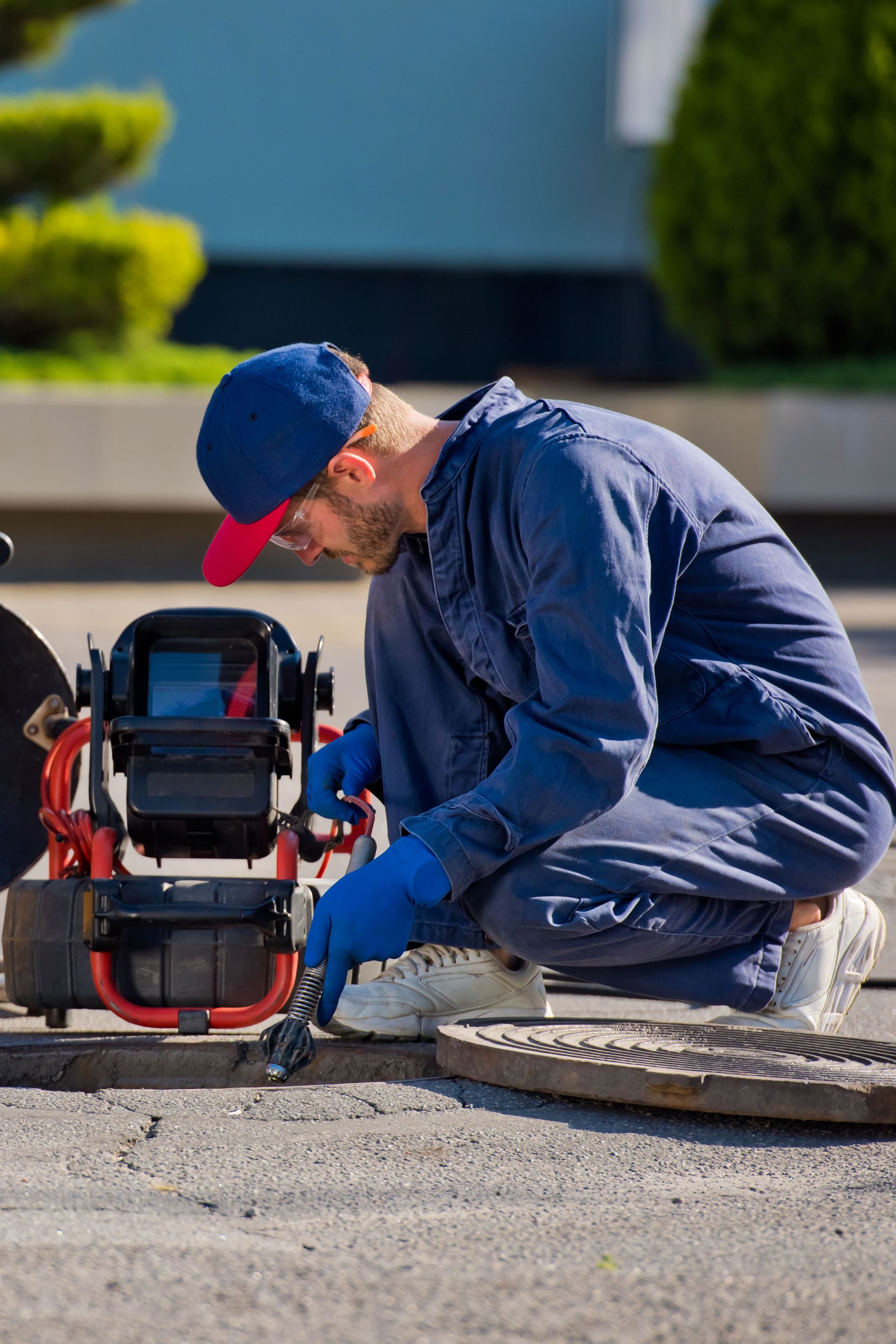 Plumber in blue uniform inspects a manhole with equipment on a city street.
