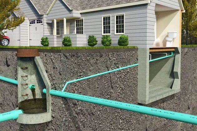 Basement wall with turquoise pipes and exposed drainage near a house foundation