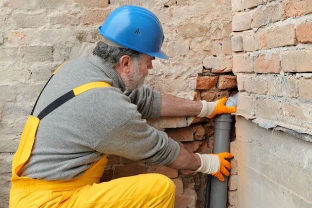 Worker in blue hard hat fixing a brick wall with a pipe