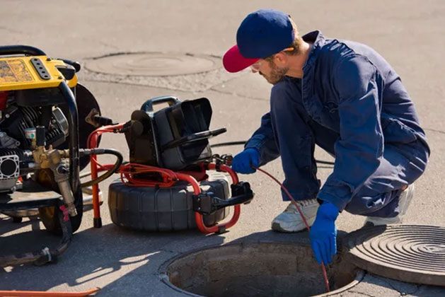 Worker in blue coveralls kneeling by an open manhole, inspecting equipment on a city street