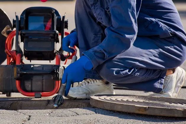 Worker crouching by a wheeled machine on a paved surface, wearing blue coveralls and gloves.