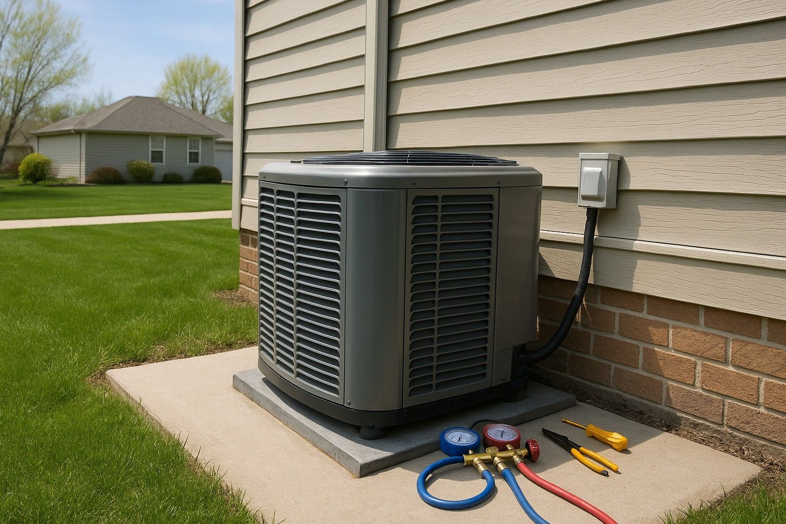 Outdoor HVAC unit with tools on a concrete pad next to house siding.