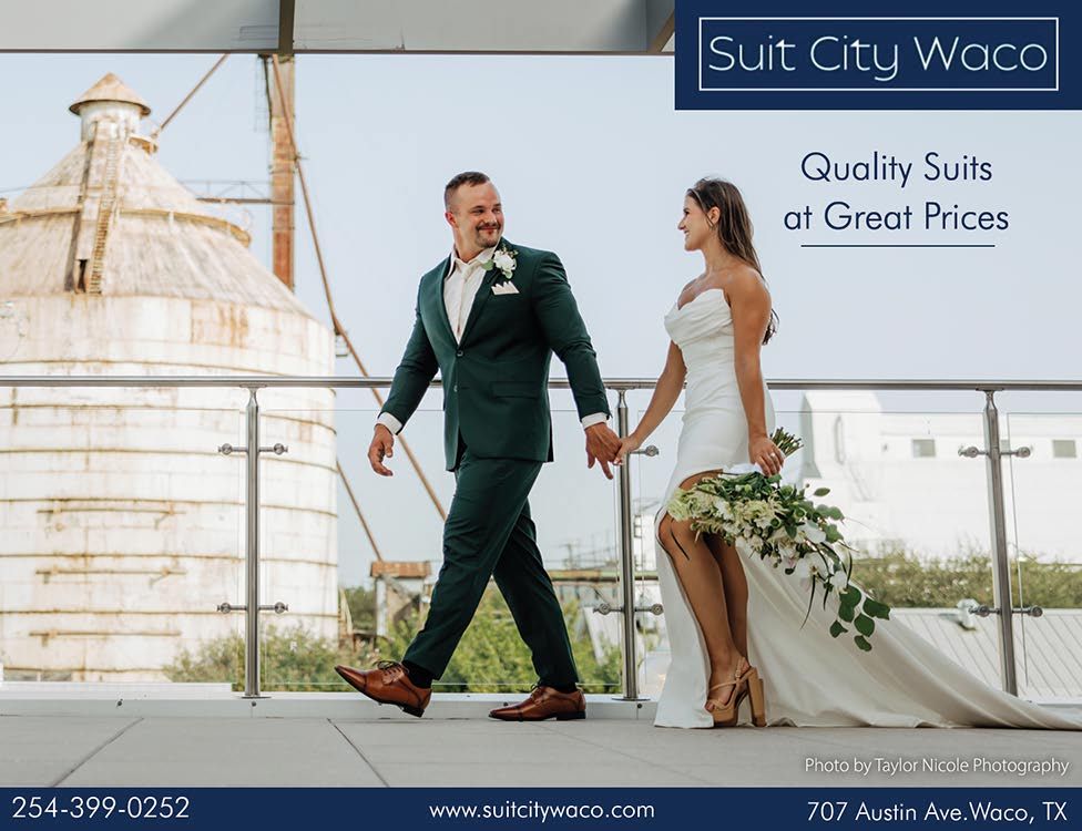 Groom and bride walking in Suit City Waco ad