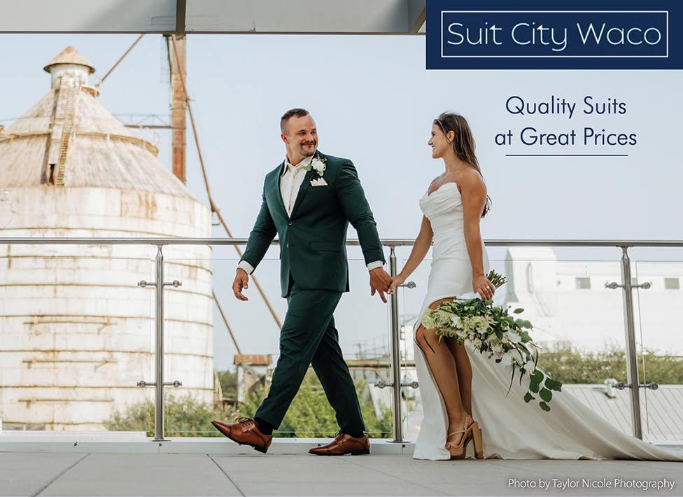 Groom and bride walking in Suit City Waco ad