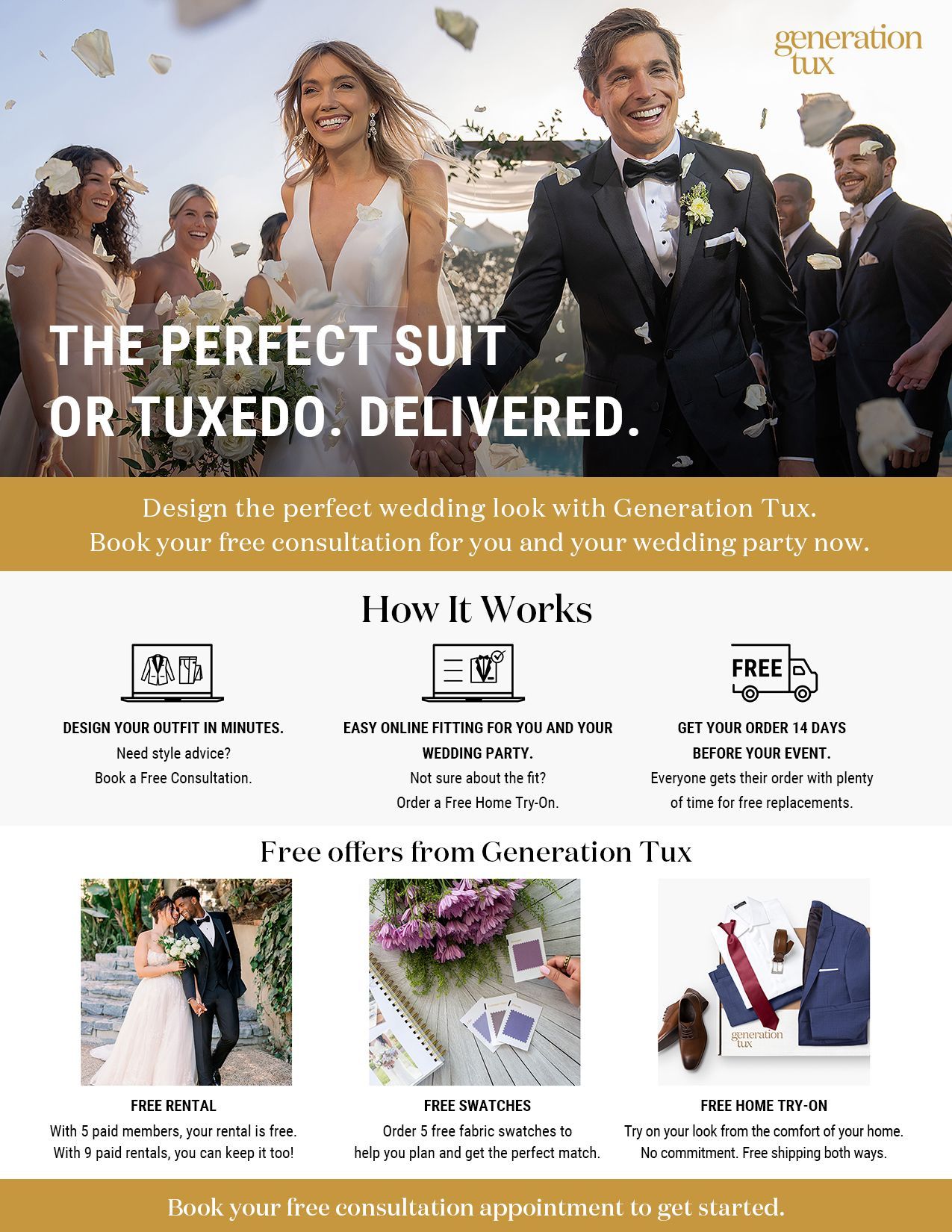 Advertisement for Generation Tux, featuring a wedding party in suits and a bride in a white dress