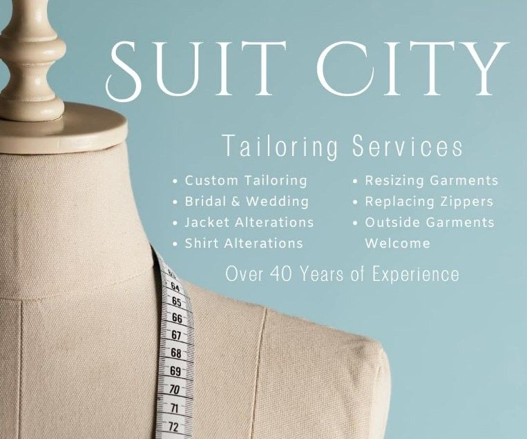An advertisement for suit city tailoring services