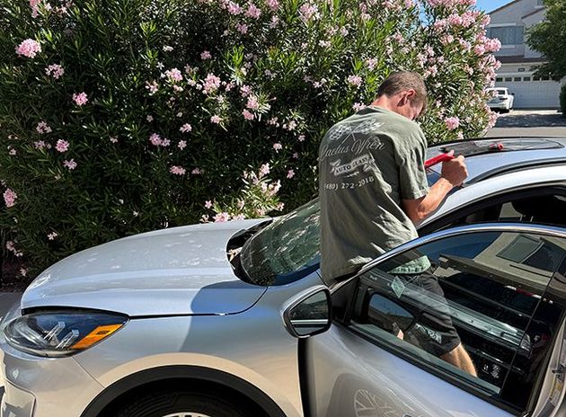 Man standing beside a silver car, looking at a phone, with pink flowering bushes in the background.