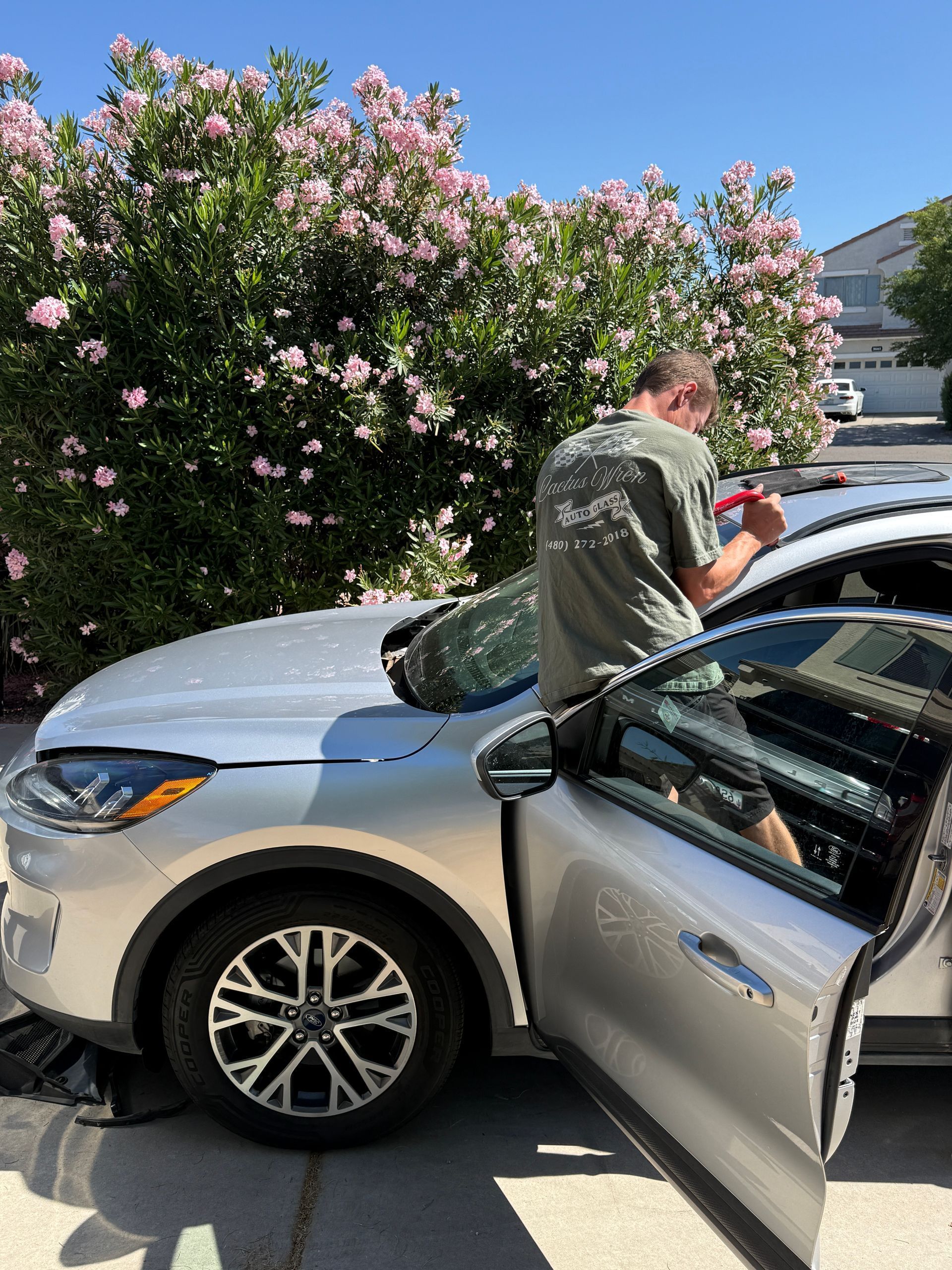Person loading items into a silver car in a sunny driveway beside a flowering tree
