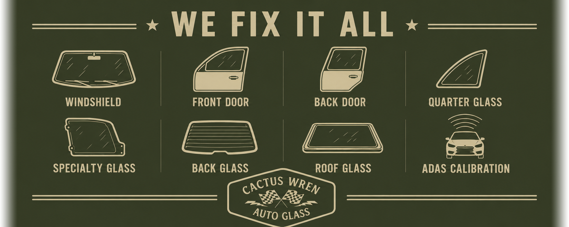 Dark green repair-services sign reading “WE FIX IT ALL” with icons for various home fixes.
