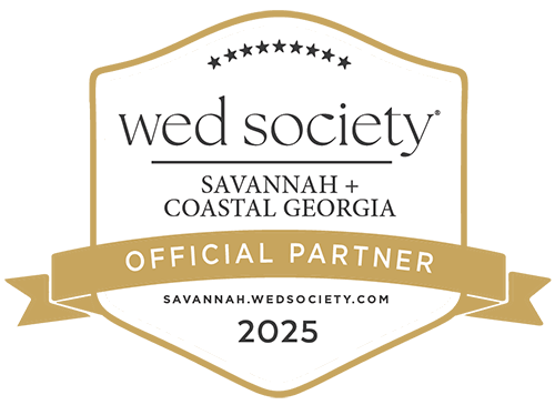 Wed Society Savannah + Coastal Georgia Official Partner badge for 2025 in gold and white.