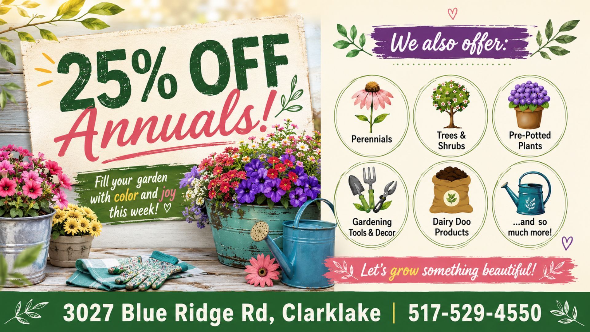 Garden center ad: 25% off annuals, with hanging basket offers and Clarklake address/phone.