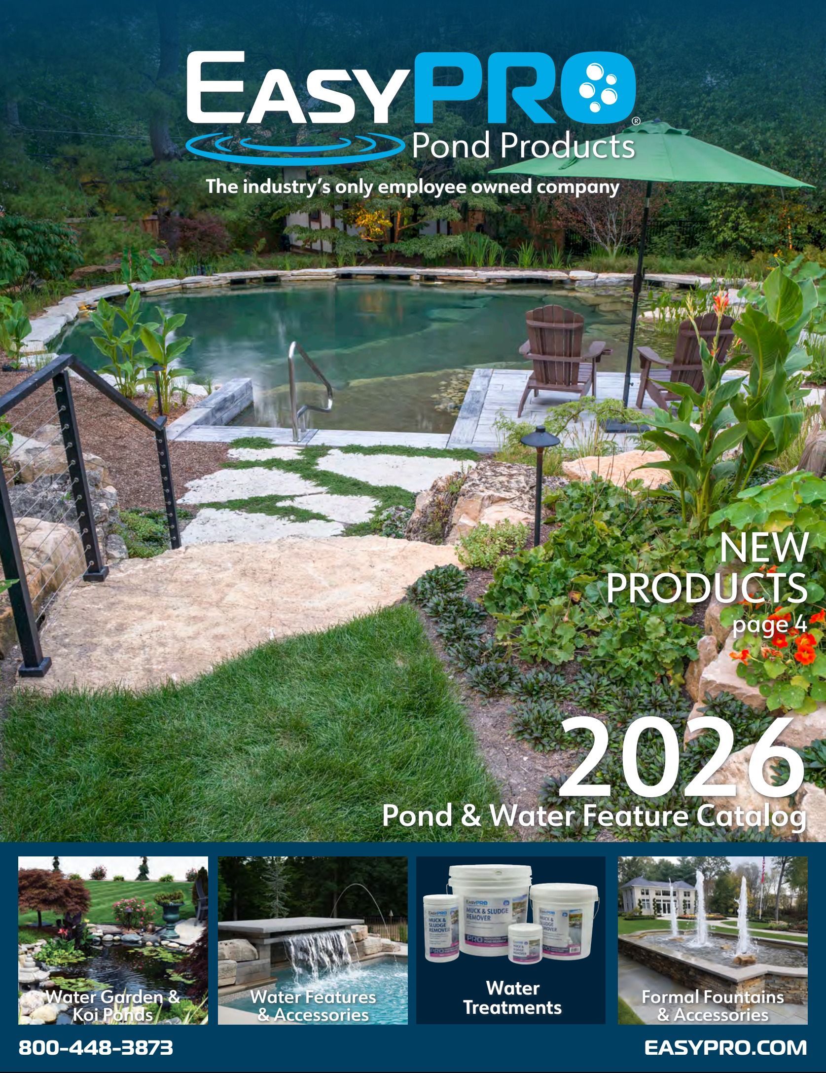 EasyPro Pond Products catalog cover, showcasing a pond with landscaping and new products for 2026.