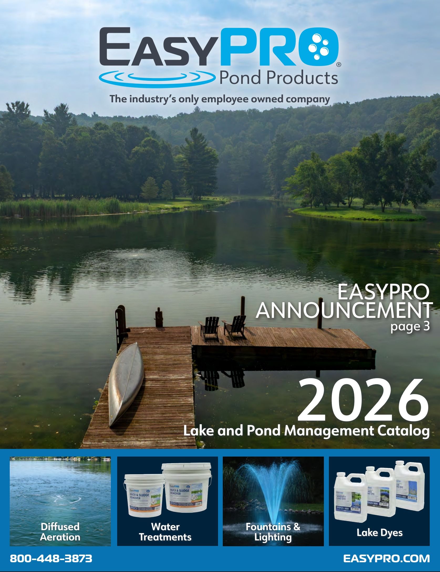 EasyPro 2026 Lake and Pond Management Catalog cover. A dock with a canoe overlooks a lake.