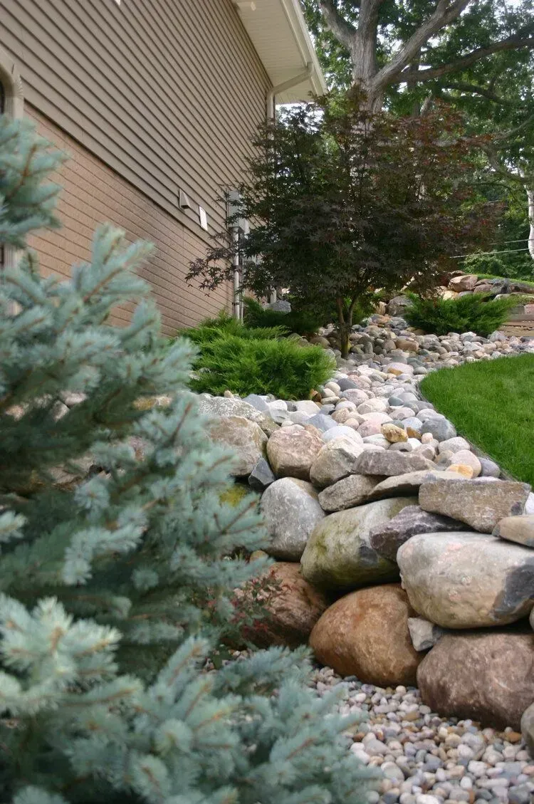 Landscape with rock wall, blue spruce, green grass, and trees next to a brown house.