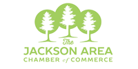 Logo of the Jackson Area Chamber of Commerce: three green trees in front of a green circle with the name below.