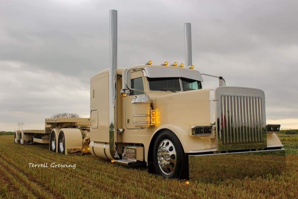 A semi truck is parked in a field with a trailer attached to it.