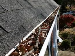 Gutters filled with leaves and debris on a roof.