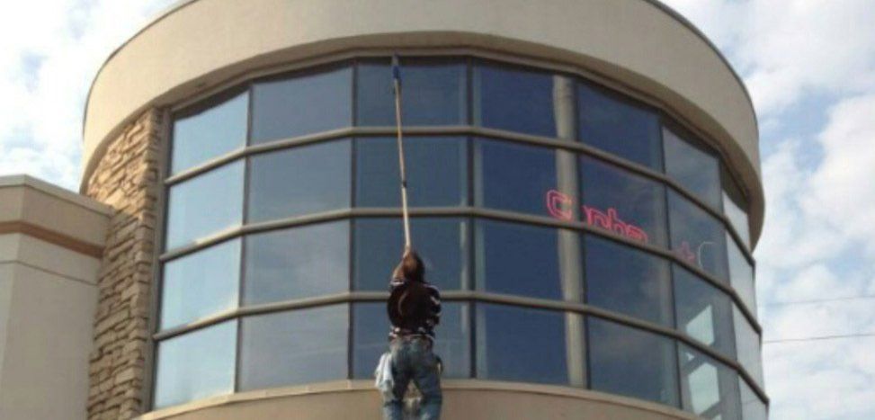 Person hanging onto a long pole cleaning windows of a building. The building has large windows.