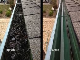 Before and after gutter cleaning. Left: filled with debris. Right: Clean and empty.
