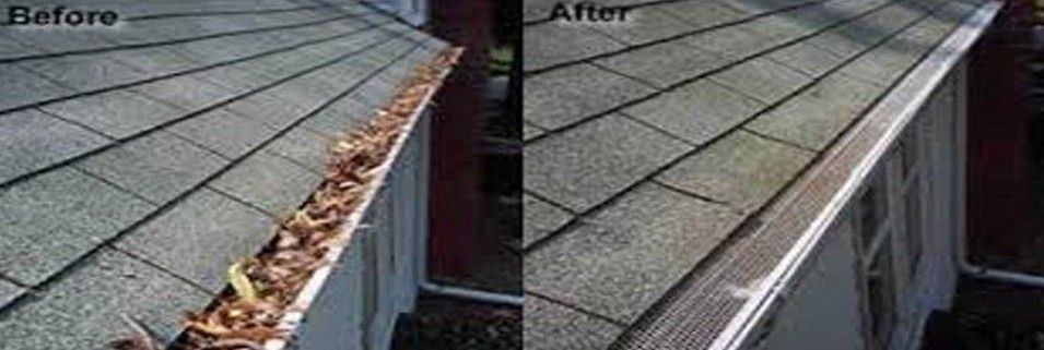 Comparison of before and after cleaning of a roof gutter, with leaves removed and the gutter clear.
