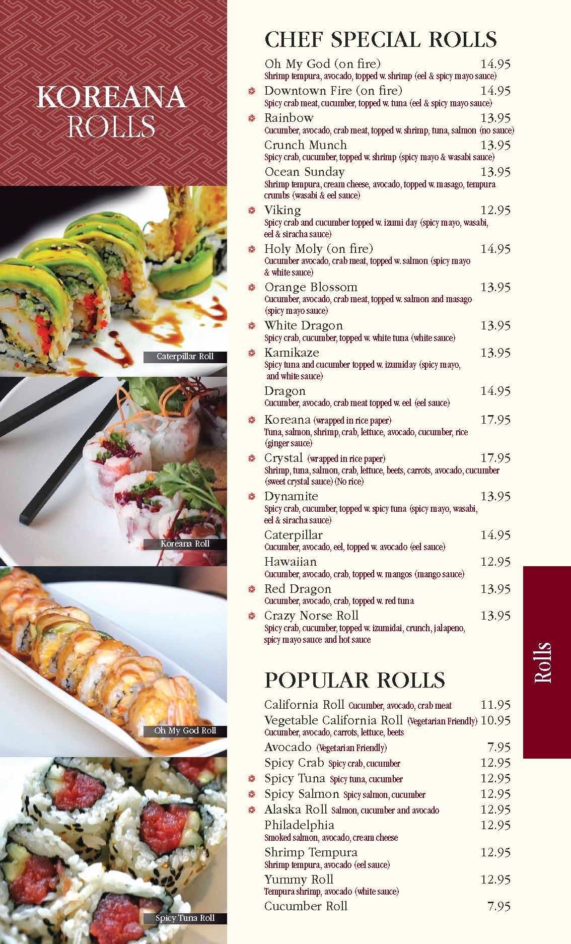 Koreana Rolls menu