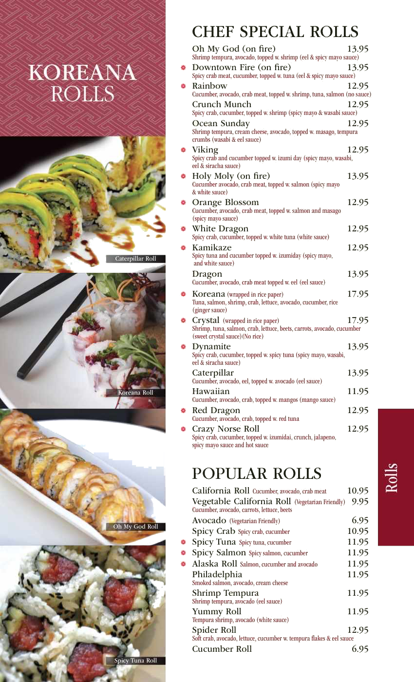 Koreana rolls menu