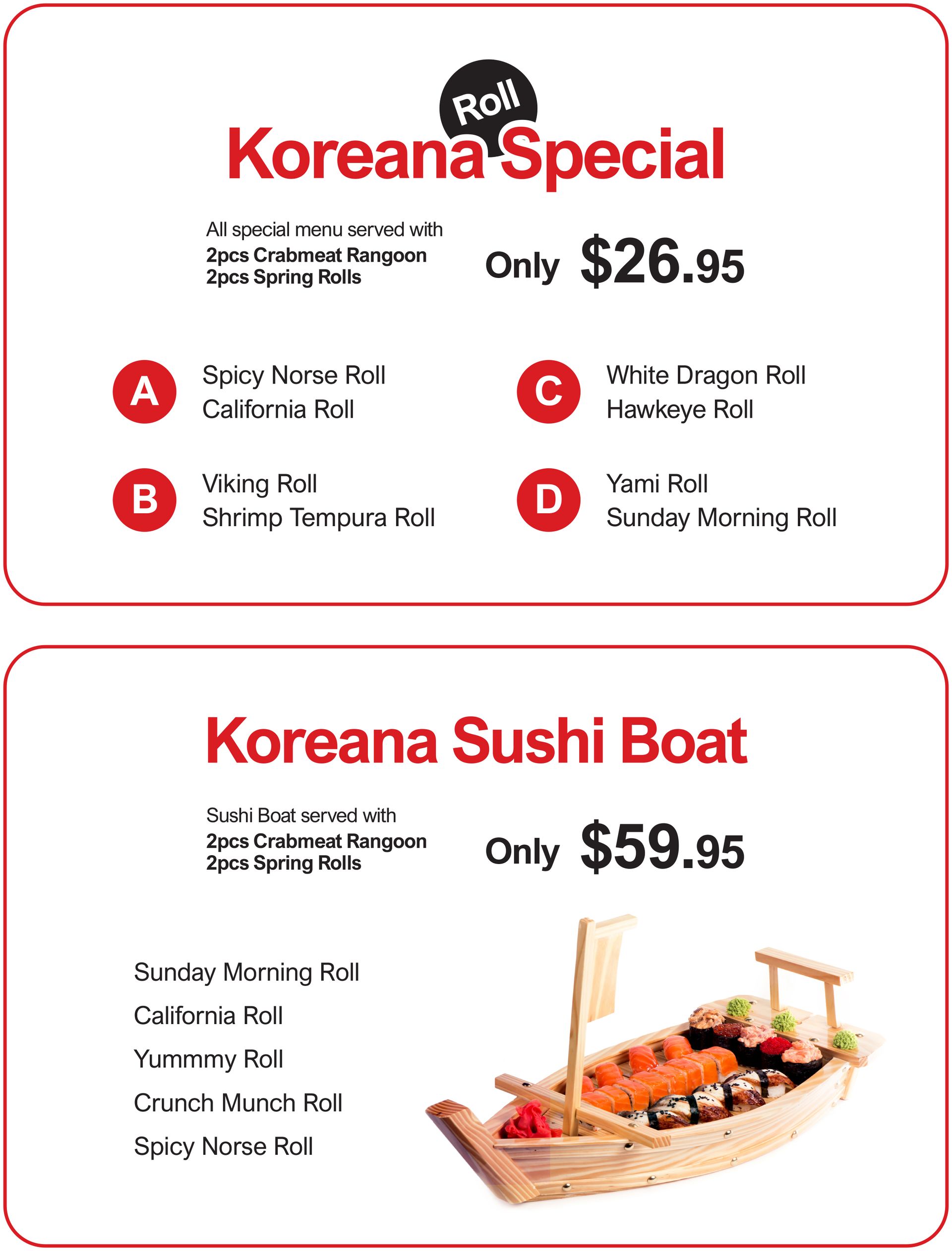 Korean Special and Korean Sushi Boat Menu