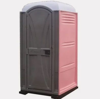 A pink and gray portable toilet with a white roof