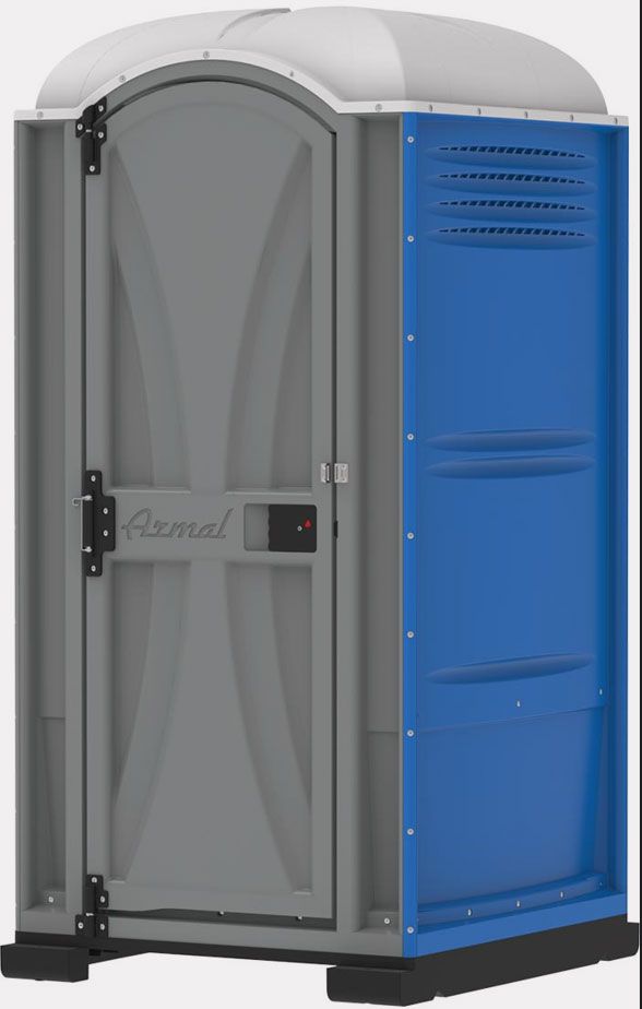 A blue and gray portable toilet with the door open